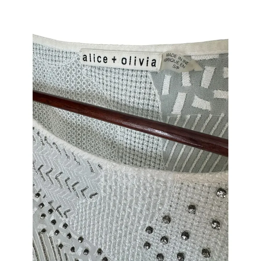 ALICE + OLIVIA Embellished Mesh Blouse White Silver Beaded Sheer Sz Small Bride - Picture 3 of 10